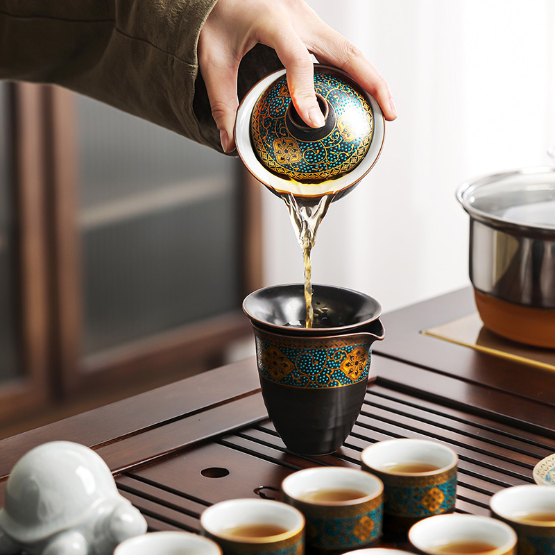 領藝 优品古韵功夫茶具套装家用办公室整套陶瓷泡茶器乌金檀木茶盘四合一
