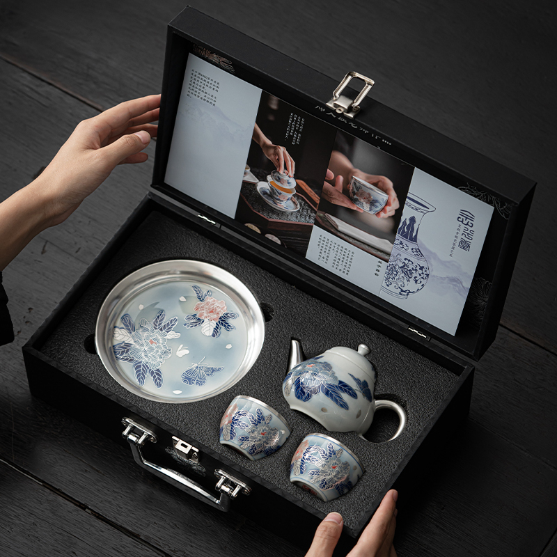 苏氏陶瓷(SUSHI CERAMICS)鎏银国礼牡丹壶茶具套装非遗传承人郑文强作品一壶两杯带壶承礼盒