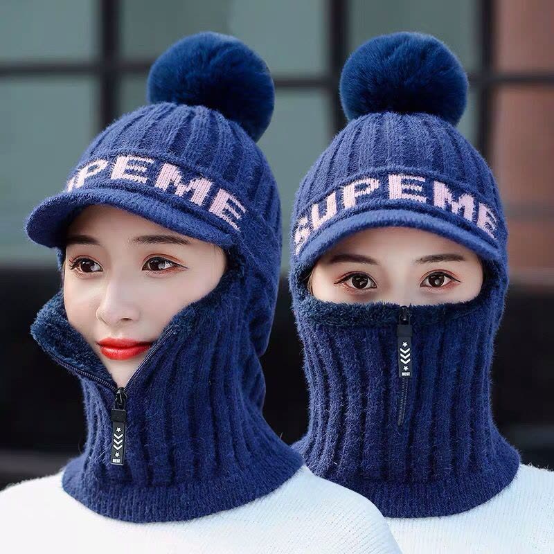 加绒加厚骑行防风毛线帽防冻护耳帽围脖一体套头帽图片