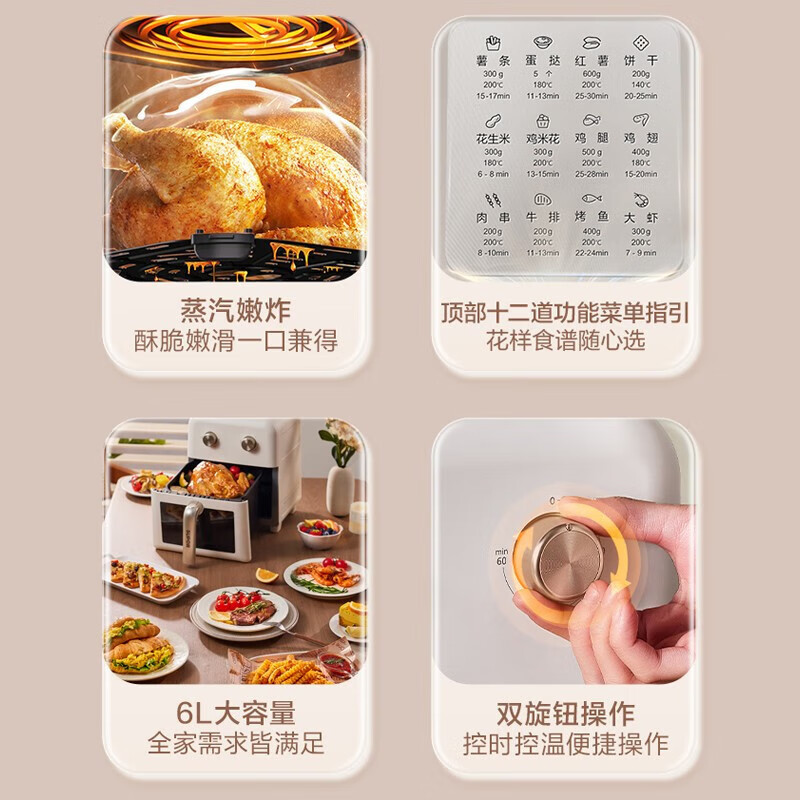苏泊尔ZMD安心系列 烹饪可视 乐享美味 内外金属材质 蒸汽嫩炸 1500W大火力 6.0L大容量 空气炸KJ60D76