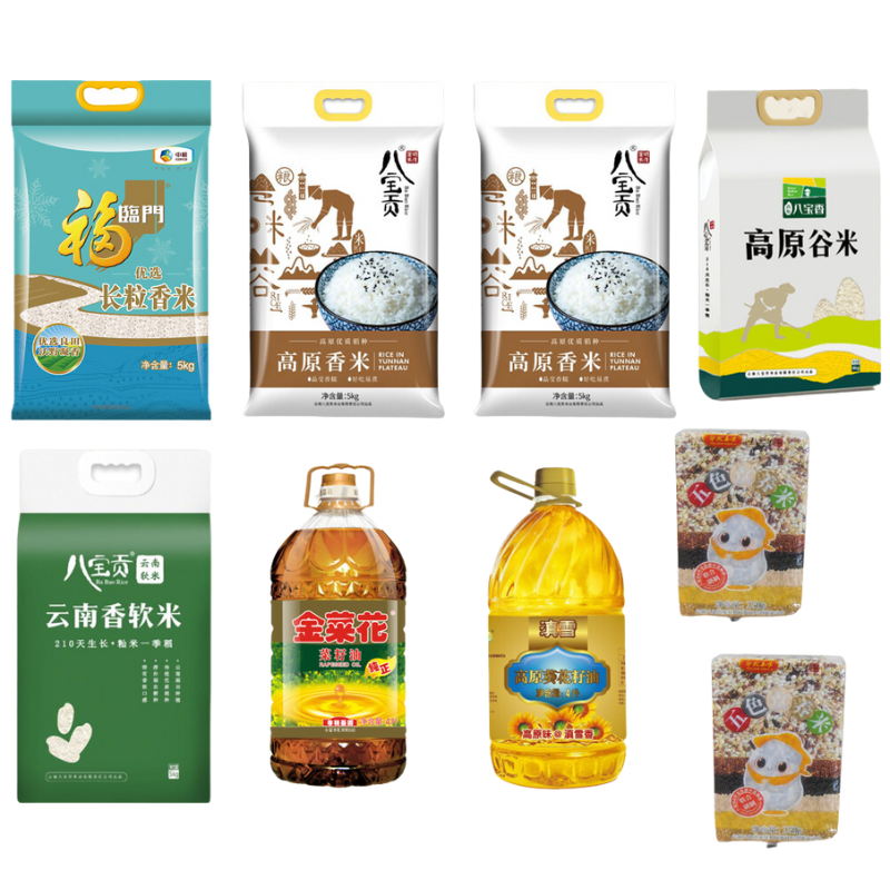 八宝贡米5kg*3+高原八宝香米4kg*1+八宝贡米250g*2+金菜花油4L*1+滇雪油4L*1+福临门米5L*1