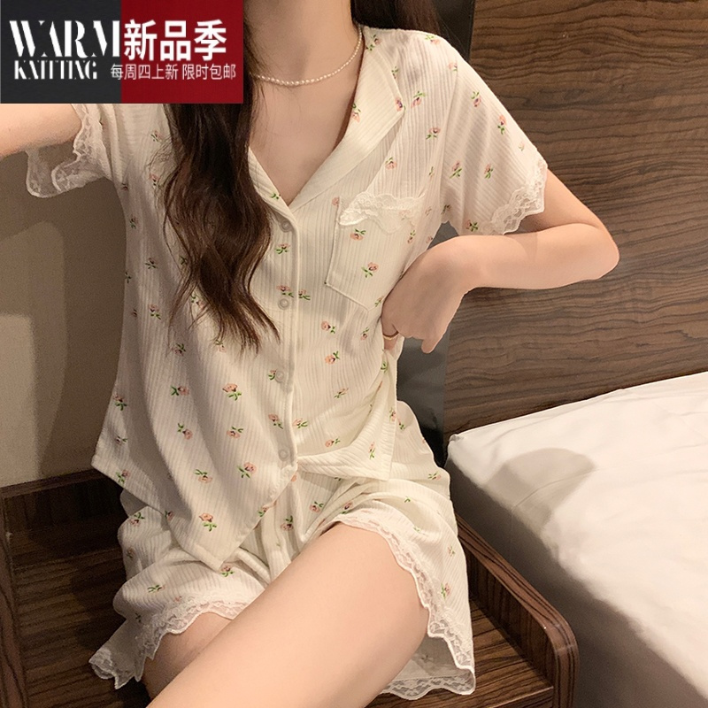 SHANCHAO夏季睡衣女夏款2022年新款网红风夏天女士粉花翻领套装家居服