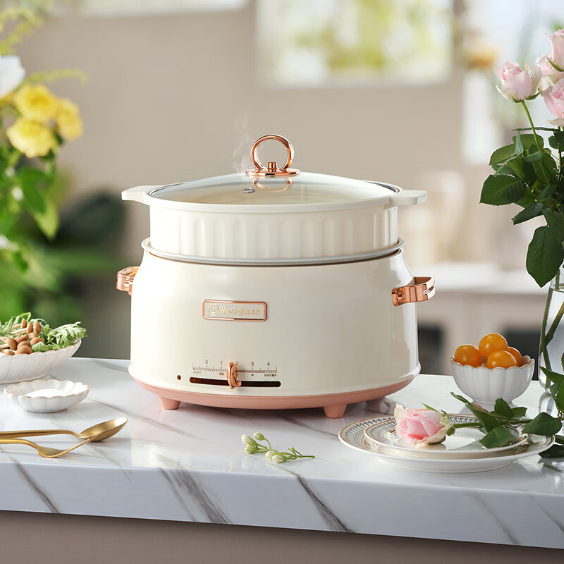 西屋(WESTINGHOUSE)1800W可视化钢化玻璃盖可拆卸不粘内胆5L分体多功能电热锅 米黄色 WHG330