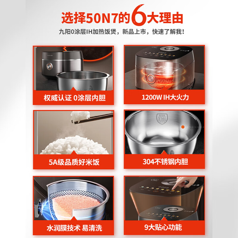 九阳 电饭煲 电饭锅0涂层不锈钢内胆 智能预约蒸煮锅 50N7高清大图
