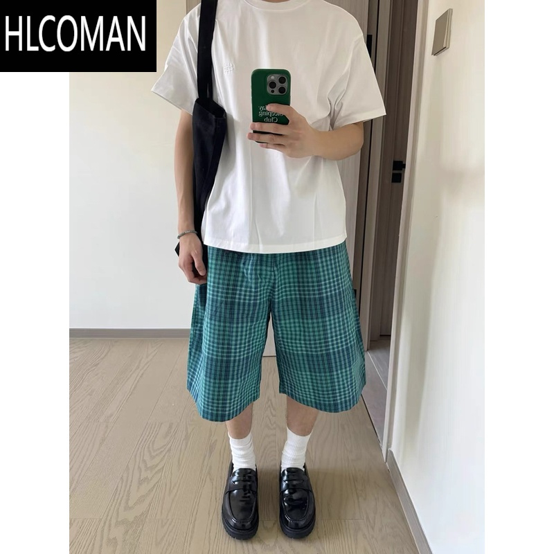 HLCOMAN日系复古蓝格子五分短裤男宽松直筒夏季百搭休闲中裤ins情侣款
