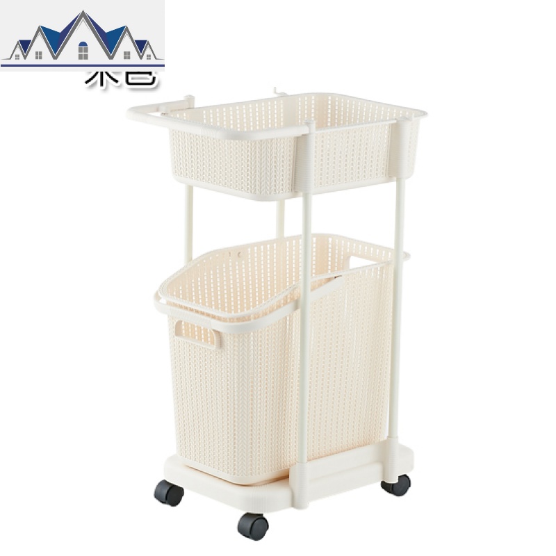 滚轮双层脏衣篮 仿藤编衣物收纳筐家用脏衣服洗衣桶洗衣篮 三维工匠收纳篮 米色