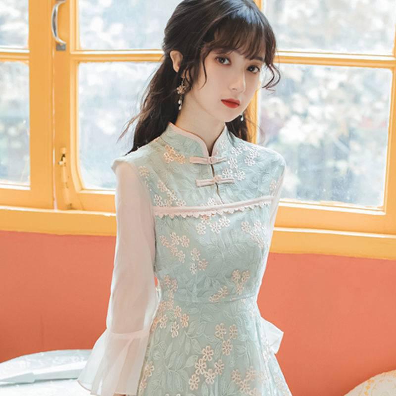 版国风女汉服旗袍文艺复古长旗袍裙汉服七分袖喇叭袖 浅绿色 l100-110