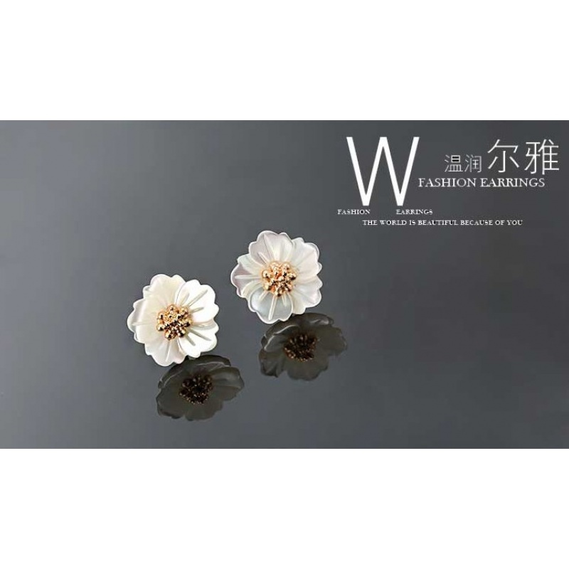 韩国甜美小巧樱花玫瑰花贝壳耳钉纯银珍珠母贝花朵小耳环耳饰清新送女朋友老婆生日礼物送女朋友七夕情人节礼物