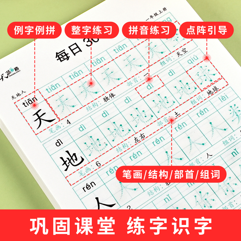 一年级下册3本 [正版]减压同步字帖每日30字一年级上册点阵控笔训练字帖小学生二三年级上下册人教版语文同步练字帖笔画笔顺高清大图