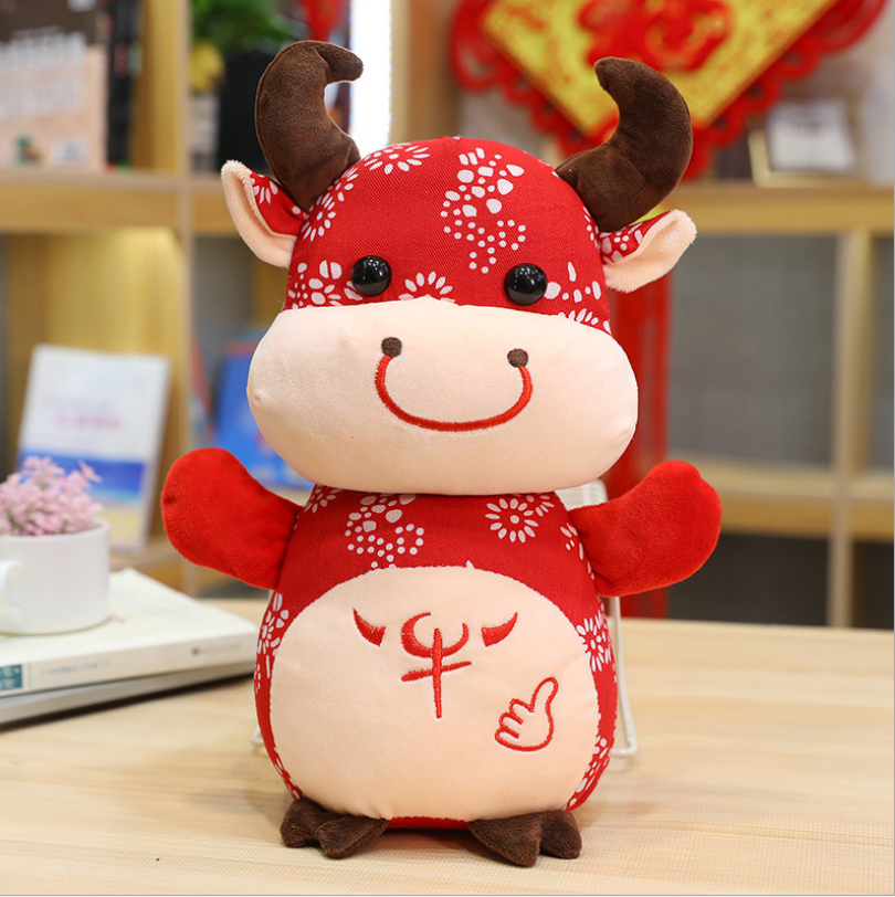 鶴舞 牛年吉祥物公仔生肖牛 毛绒玩具 25cm花布牛玩偶—雪花红 5个
