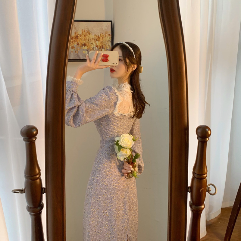 艳如飞温柔风碎花连衣裙子气质收腰显瘦法式长款复古紫色仙女超仙森系春连衣裙