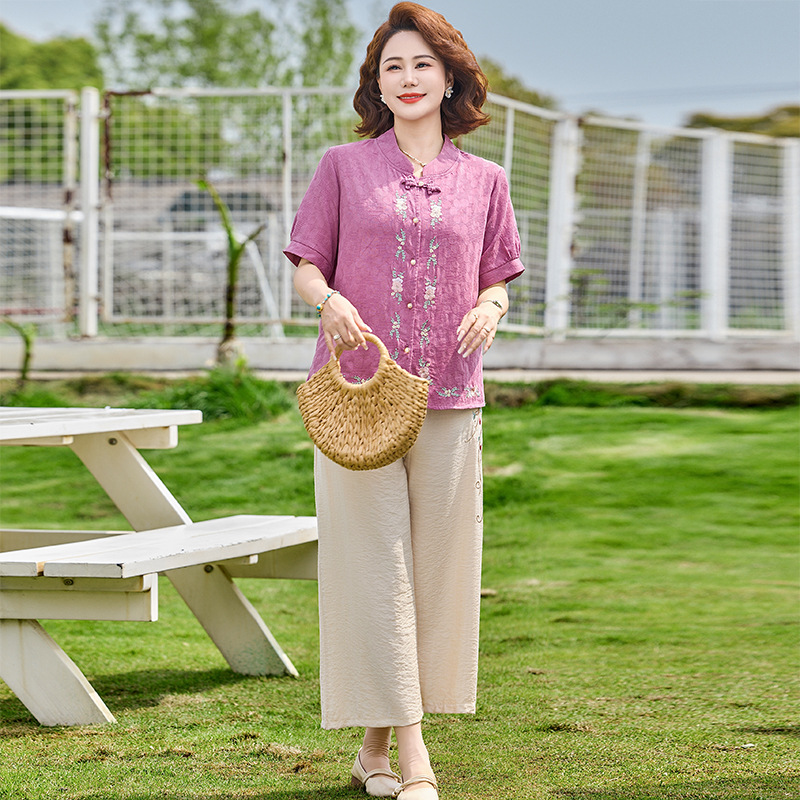 纤孜雅 夏季妈妈棉麻印花短袖套装新款中老年时尚大码上衣裤子两件套 粉色 XL