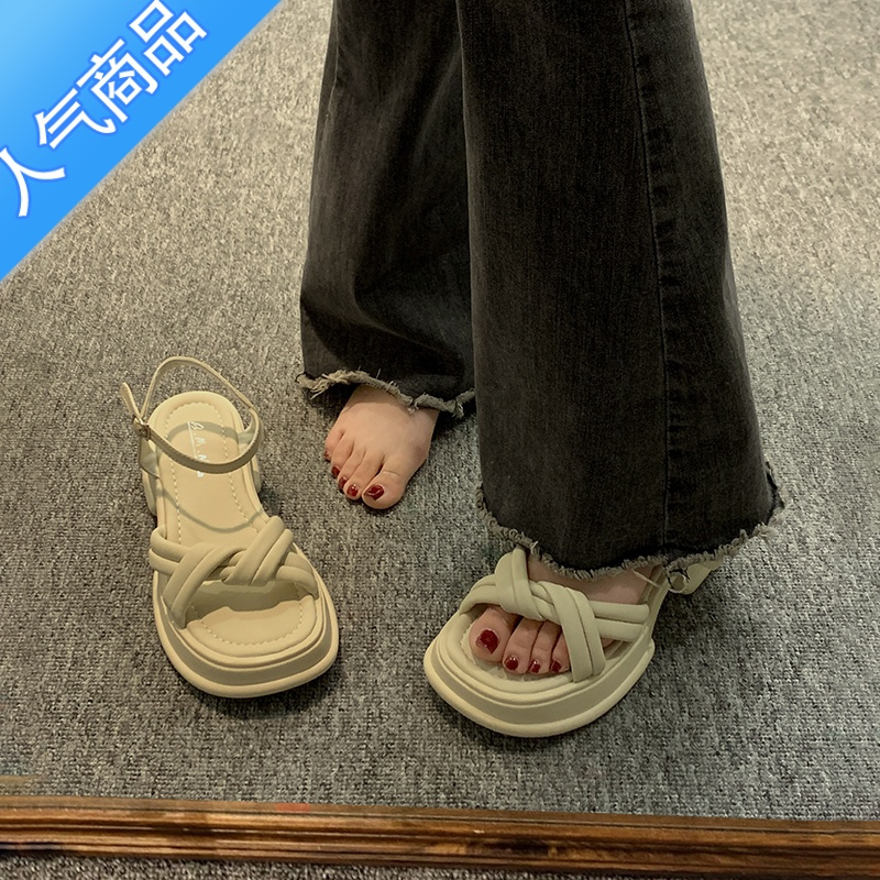 SUNTEK大码凉鞋41一43女鞋外穿胖脚宽脚鞋子女女款高跟夏季平底厚底加肥