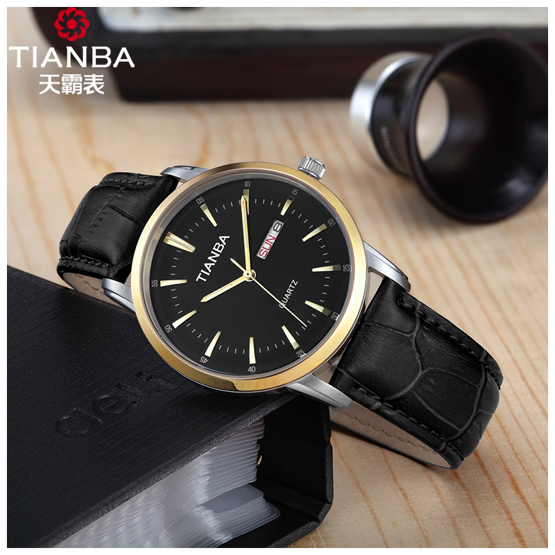 天霸(TIANBA)名仕系列男士手表 商务休闲皮带款双历手表 时尚情侣手表 石英表 男TM7019.01PK 黑色