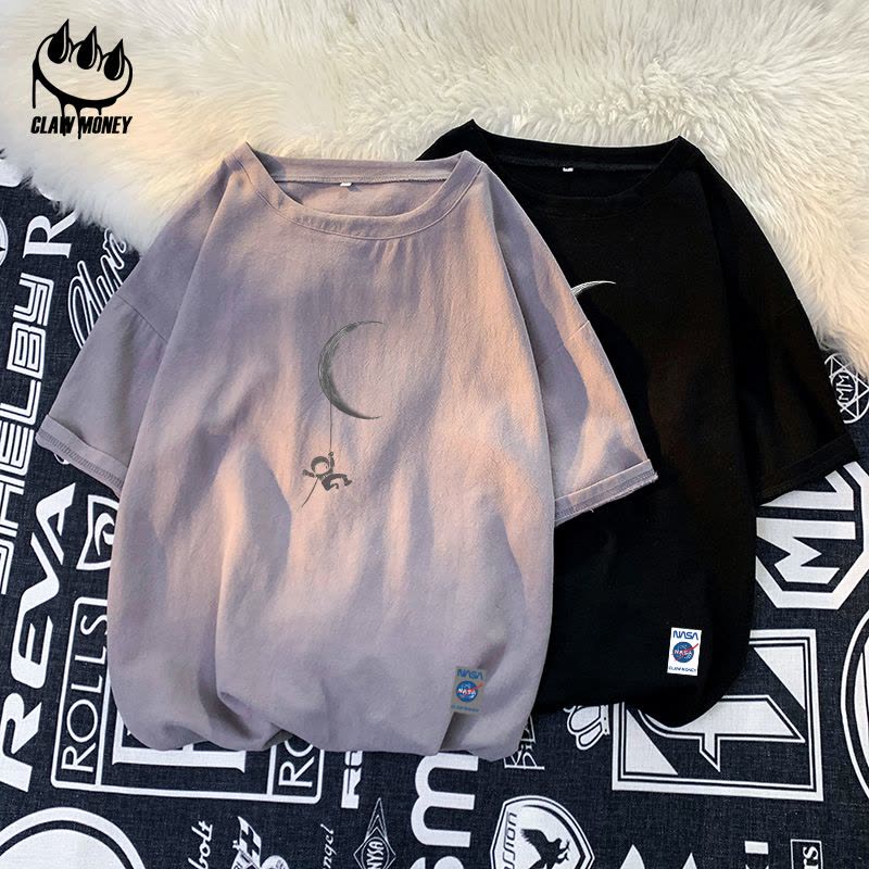 Claw money圆领棉麻短袖T恤男夏季休闲五分袖青少年百搭亚麻半袖图片