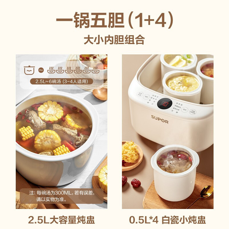 苏泊尔 SUPOR 电炖盅 电炖锅 隔水炖锅 炖汤锅 蒸炖锅 婴儿辅食燕窝甜品 一锅五胆 可定时保温DZ25YC856