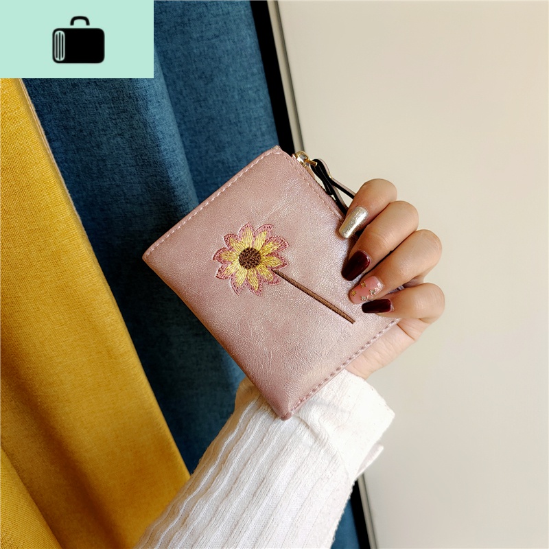 ins小钱包女短款2020新款韩版简约小清新刺绣搭扣拉链折叠零钱夹NEW LAKE 粉红收藏加购送小礼品