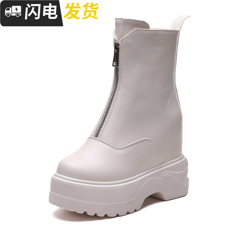 内增高短靴女冬季加绒棉鞋厚底雪地靴2022新款红百搭瘦瘦马丁靴启如女士高帮鞋