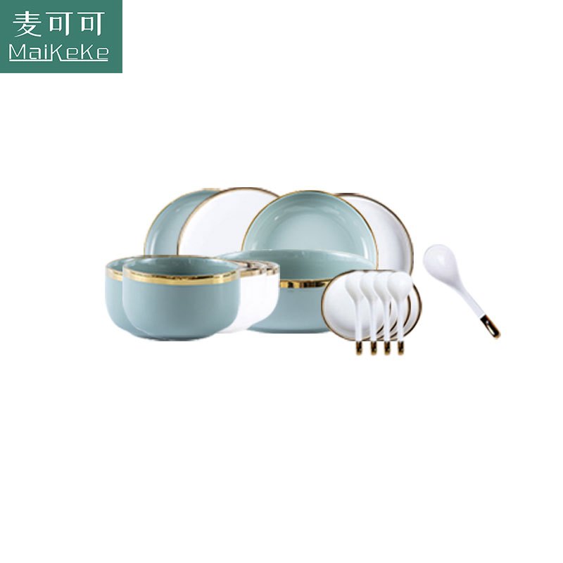 麦可可 北欧陶瓷碗家用碗碟套装创意轻奢碗盘碗筷盘子组合金边菜盘汤碗高清大图
