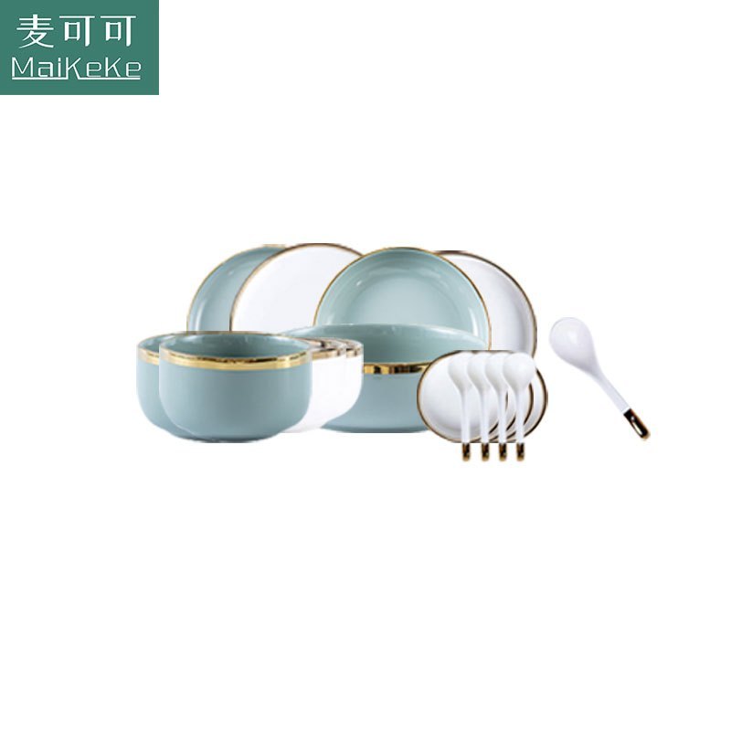 麦可可 北欧陶瓷碗家用碗碟套装创意轻奢碗盘碗筷盘子组合金边菜盘汤碗