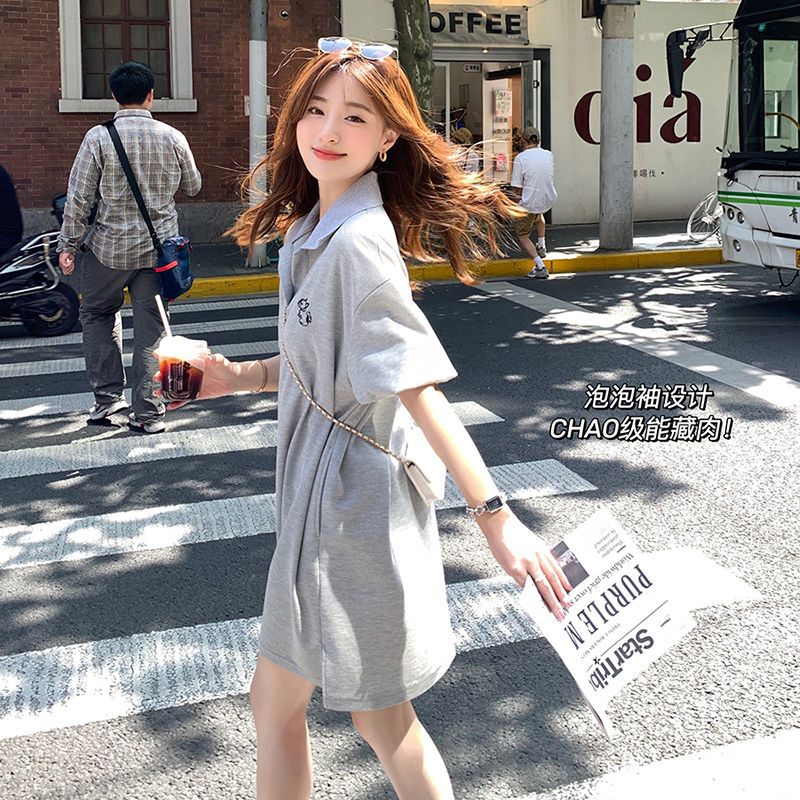 兰曼芯 毕业季 狗狗刺绣设计泡泡袖T恤连衣裙女夏休闲减龄polo裙 灰色 S