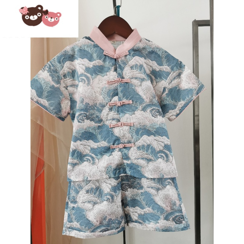 绿彩虹光2022儿童海浪宝宝中国风男童唐装短袖女童改良汉服旗袍姐弟夏套装