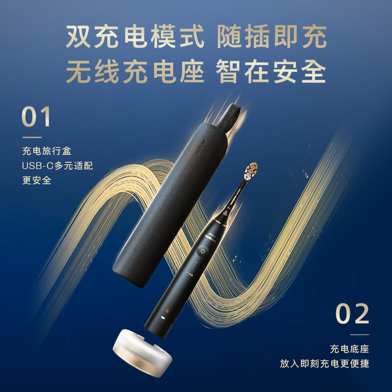 飞利浦(PHILIPS)电动牙刷钻石AI刷 含皮质充电旅行盒 20倍清除牙菌斑 午夜蓝HX9996/12高清大图