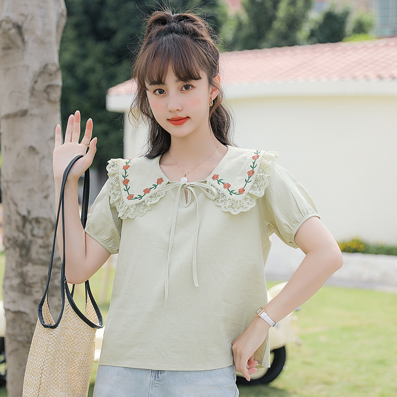 2022夏日系带森女刺绣韩版修身显瘦甜美短袖宽松衬衫女