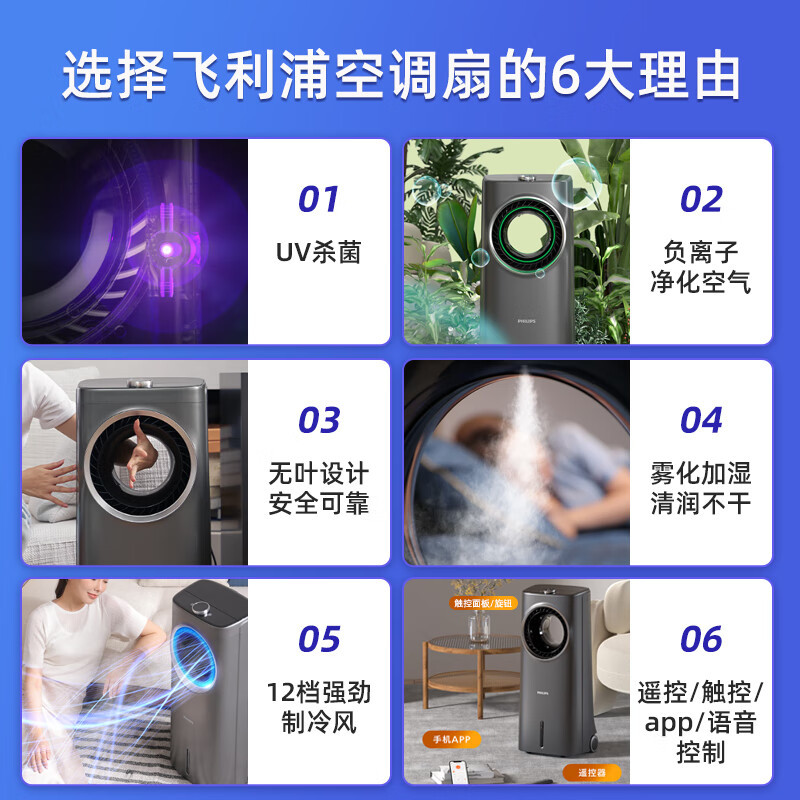 飞利浦(PHILIPS) 空调扇制冷家用变频无叶冷风扇塔扇冷风机遥控水冷移动水加湿负离子落地电扇ACR4246X高清大图