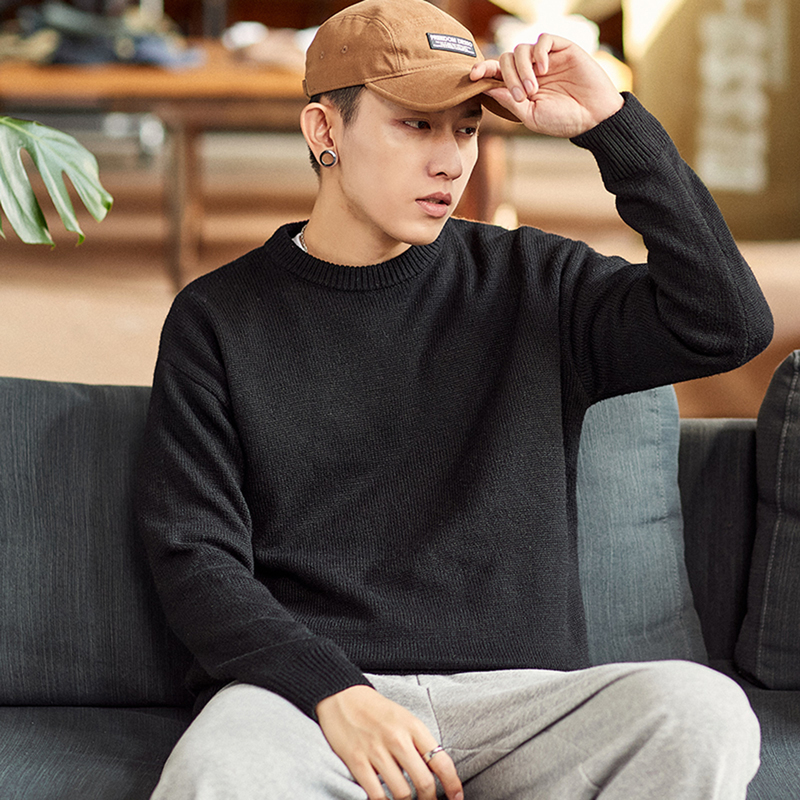 3件85折587元唐狮秋冬新款毛衣男纯色圆领套头针织衫复古潮流宽松毛线