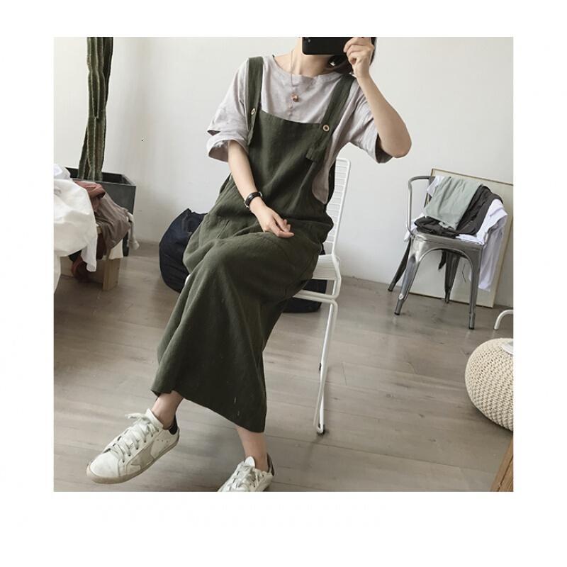 宽松亚麻背带裙女夏季大款中长款过膝无袖文艺口袋棉麻带连衣裙军绿色均码