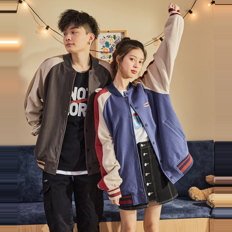 9元]唐狮秋装新款情侣外套拼接棒球领夹克潮流春秋男女外套情侣装