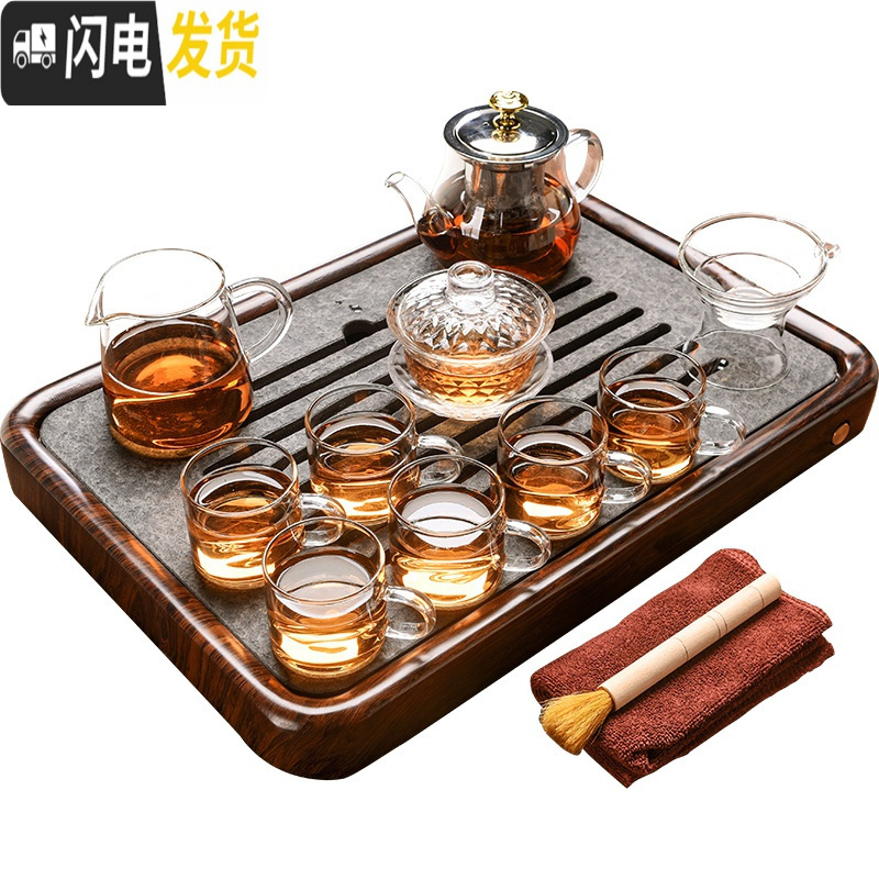 三维工匠新中式家用功夫茶具玻璃茶壶套装简约乌金石茶盘小茶台泡茶器 黑檀色顺运竹木盘+玻璃八骏长嘴壶14头 12件