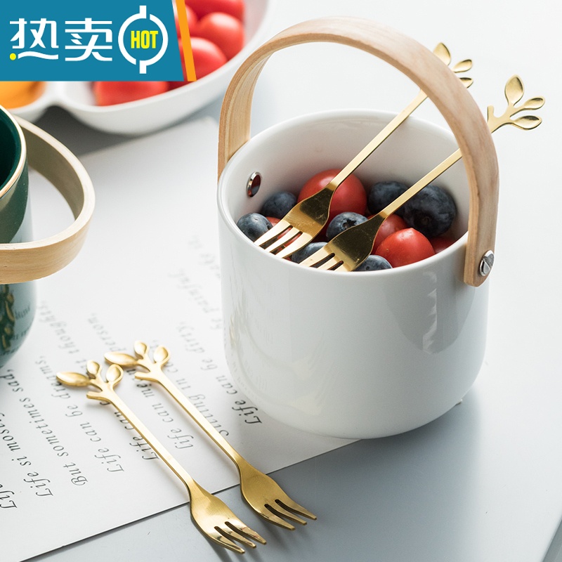 敬平创意水果叉子水果签家用不锈钢小叉子甜品月饼蛋糕叉收纳罐套装 粉色收纳碗高清大图