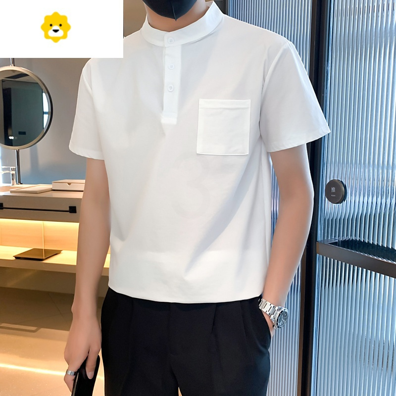 fishbasket季冰丝薄款短袖polo衫男生潮流韩版半袖纯色简约立领上衣男