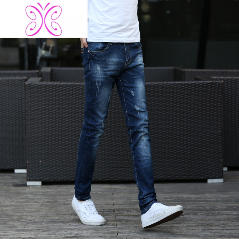 韩版牛仔裤潮流破洞裤子男休闲修身长裤男士九分裤学生小脚裤牛仔裤男
