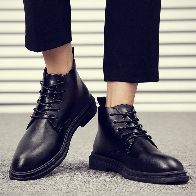 述雅春季男士英伦风高帮商务皮鞋百搭中帮靴子尖头正装皮靴黑色马丁靴