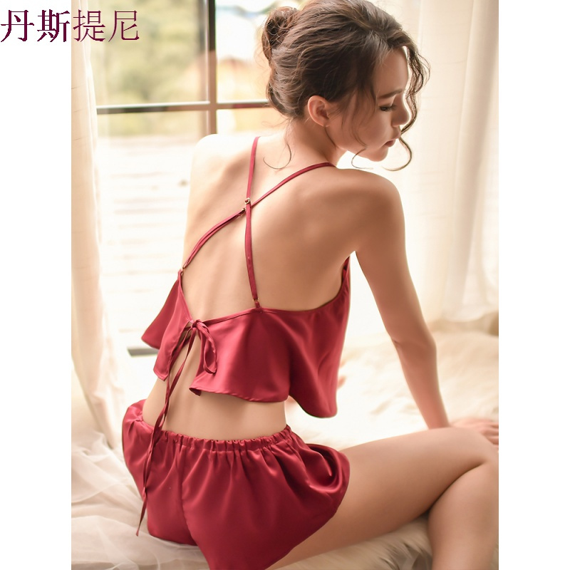 性感睡衣女夏火辣成人骚短情趣带露背冰丝家居服两件套装