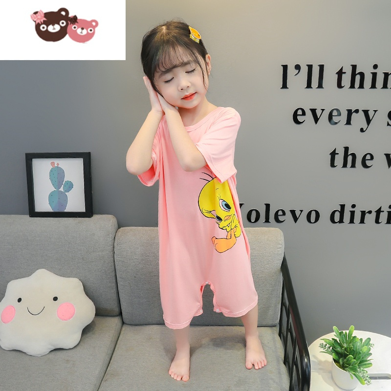 绿彩虹光儿童连体睡衣夏季薄款女孩婴儿连身空调服夏小童女童家居服女