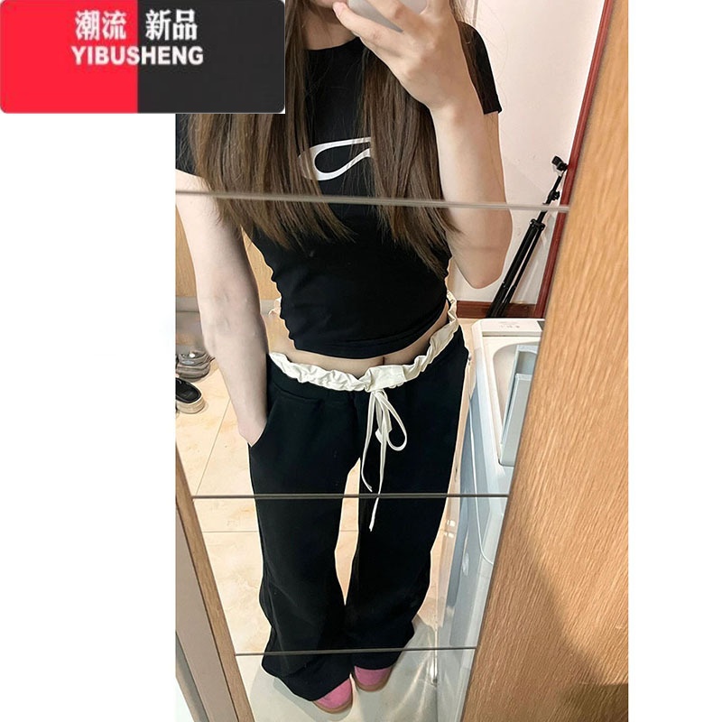 YIBUSHENG国潮牌拼接撞色高腰冰丝休闲裤女季宽松阔腿设计感别致百搭长裤高清大图