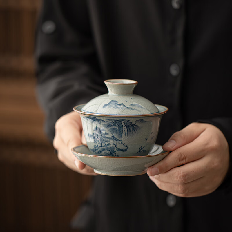 苏氏陶瓷/SUSHI CERAMICS J1028 仿古青花青山绿水盖碗套装 (单位:套)高清大图