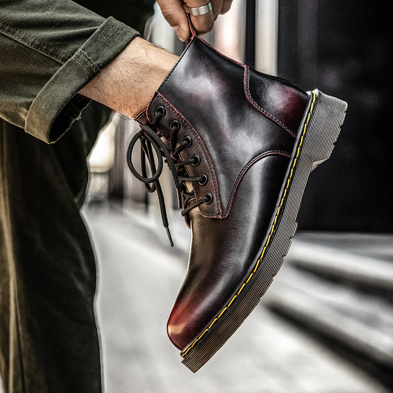 线下专柜同款卡帝乐鳄鱼cartelo新款真皮复古马丁靴高帮皮靴厚底休闲