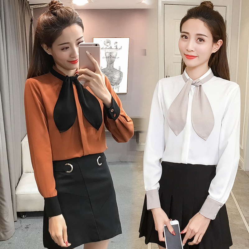 2018年秋装新款时尚韩版显瘦蝴蝶结上衣衬衫女韩范百搭长袖衬衣潮
