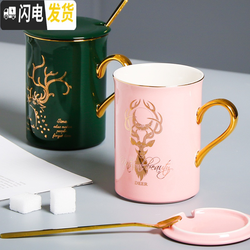 三维工匠 北欧ins陶瓷马克杯骨瓷情侣对杯礼盒装简约办公咖啡杯带勺