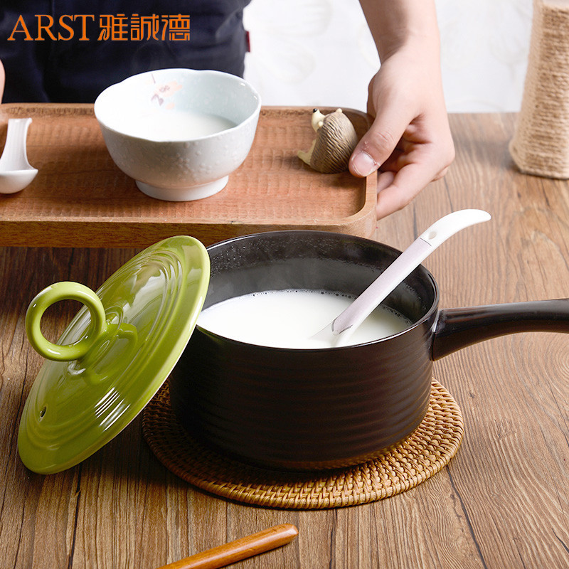 Arst雅诚德陶瓷奶锅小砂锅容量1.5L 家用迷你辅食热奶煮粥煮面锅直径18cm明火耐高温