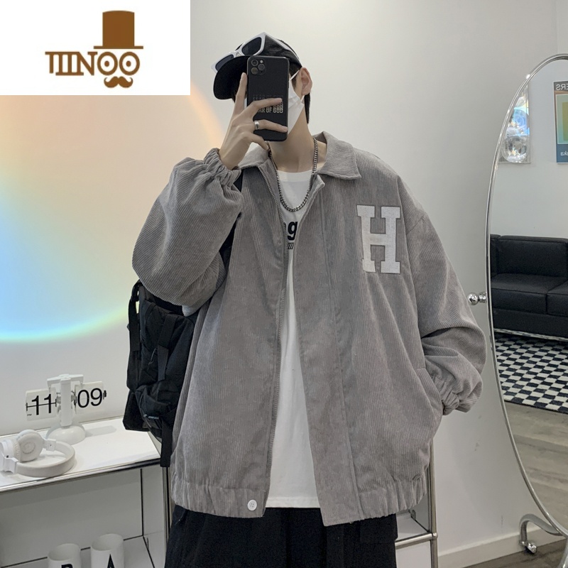 YANXU灯芯绒工装夹克男春季港风复古潮流宽松休闲外穿字母印花翻领外套高清大图