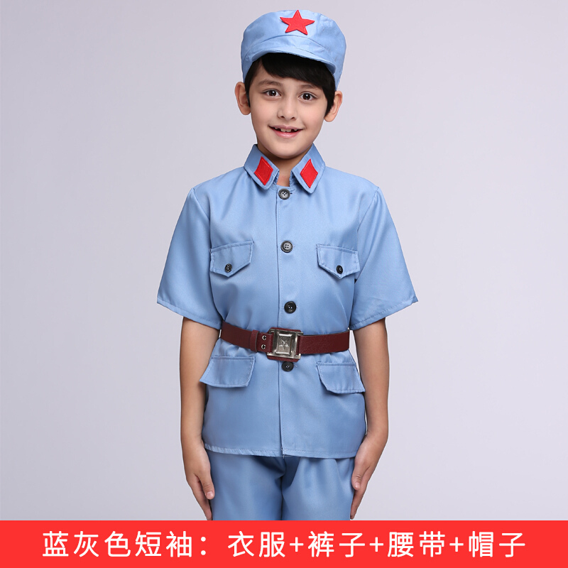 儿童军演出服军装表演服八路军衣服解放抗战服装长袖军绿色(帽子腰带衣服裤子)