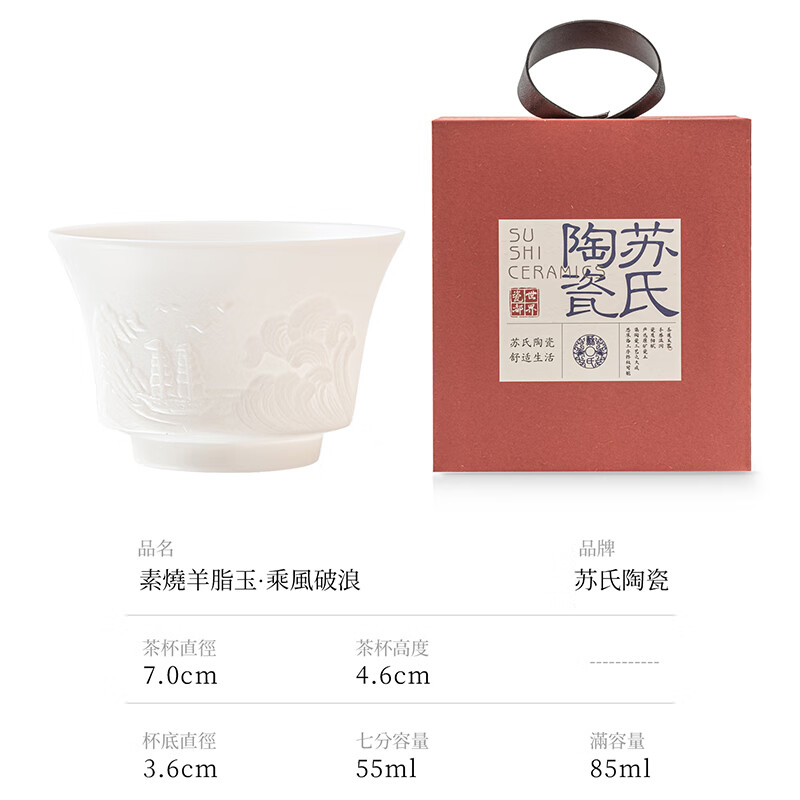 苏氏陶瓷羊脂玉瓷超薄胎浮雕“乘风破浪”主人杯品茗茶杯礼盒组_高清大图