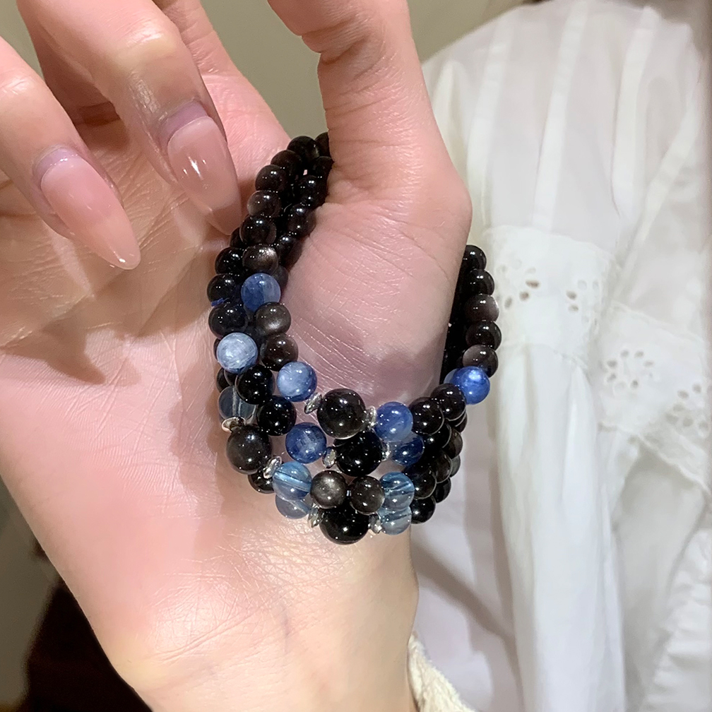 天然黑曜石海蓝宝水晶手串女款高级感适合夏天的手链高颜值学生党