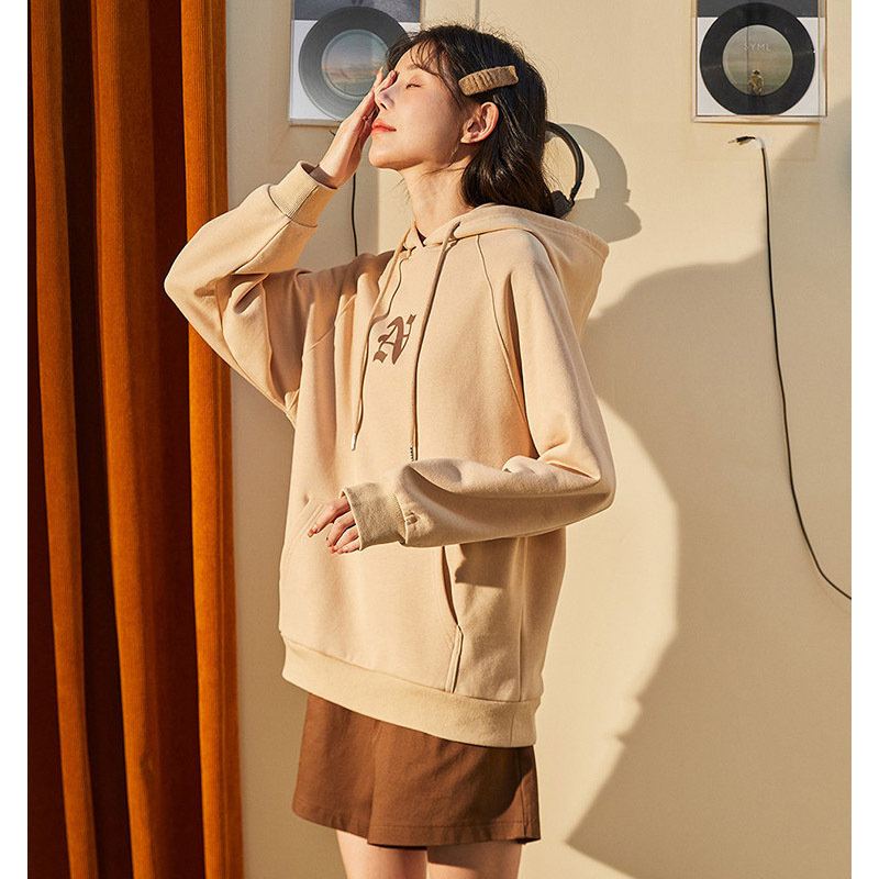 2023春季卫衣女新款韩版宽松简约连帽前胸哥特字母上衣ins_72083 浅卡其 L